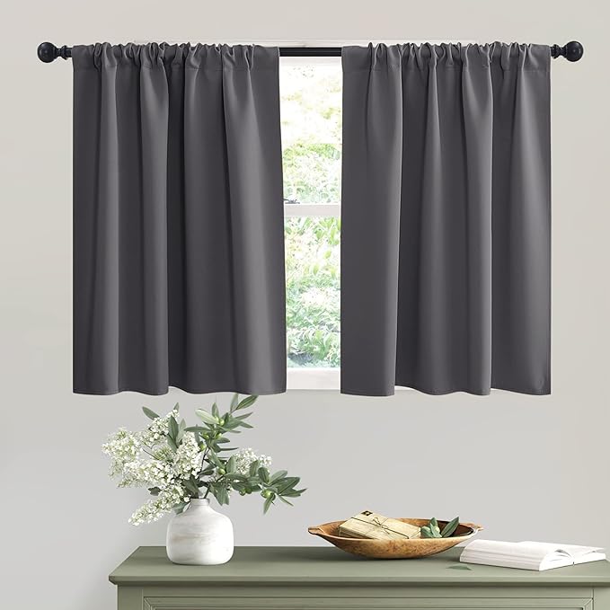 RYB HOME Short Curtains Gray Half Window Curtains for Bedroom, Privacy Curtain Tiers for Windows, Energy Saving Drapes for Bathroom Shades, Wide 42 x Long 36 inches per Panel, Grey, Set of 2