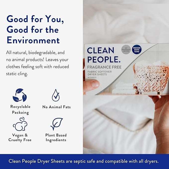 The Clean People Fabric Softener Sheets - Dryer Sheets - Softens & Removes Static Cling - Vegan Laundry Softener, Fragrance Free - Unscented, 120 Pack
