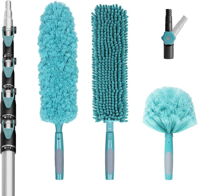 30 Foot High-Reach Duster Kit with 6-24FT Extendable Pole - High Ceiling Duster Cleaning Kit with Telescopic Pole,Cobweb Duster, Chenille Ceiling Fan Duster, Microfiber Feather Duster