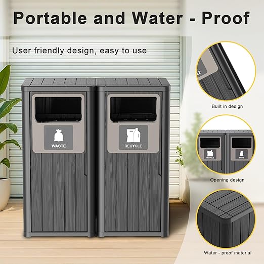 Outdoor Double Barrel Trash Can,Waterproof Resin Garbage Can with Garbage Labels,Durable Waste Bin for Porch, Backyard,Kitchen,for 30 to 39 Gallon Trash Bags