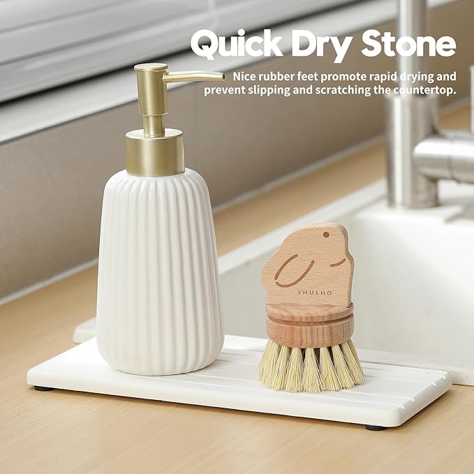 2PCS Diatomite Quick Stone Drying Tray Mat for Bathroom & Kitchen Counter, Instant Dry Water Absorbent Drink Bar Coaster,Vanity Sink Caddy Organizer,Dish Soap Sponge Holder, White,9"x3.5"