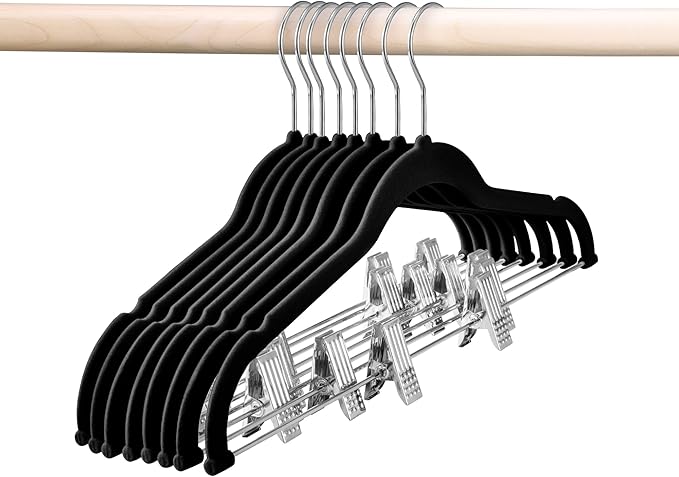 HOUSE DAY Velvet Skirt Hangers 12 Pack, Black Velvet Pant Hangers with Adjustable Clips, Space Saving Slim Shorts Hanger, Heavy Duty Non Slip Clip Hanger for Pants, Skirts, Shorts
