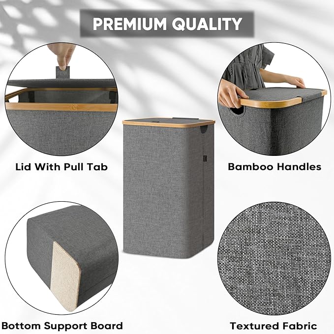BALEINE Laundry Hamper with Lid, Tall Laundry Baskets with Bamboo Pull Handles, Large Laundry Bin with Internal Support (18 Gal/70L, Blue)
