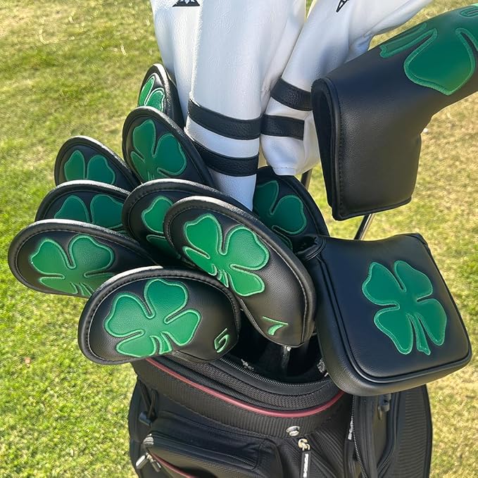 Golf Iron Covers Golf Iron Head Covers Leather Golf Iron Covers for Golf Clubs 10pcs Golf Iron Headcovers Lucky Clover Golf Club Head Covers for Iron with Magic Tape Fit All Brands