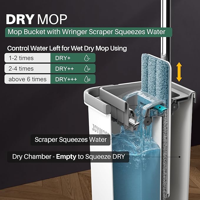 JOYMOOP White Flat Mop & Bucket with 1 Microfiber Pad, 12 Disposable Toilet Brushes, Stainless Steel Toilet Brush and Holder Set, Multi-Functional Cleaner for Floors, Windows, and Toilets