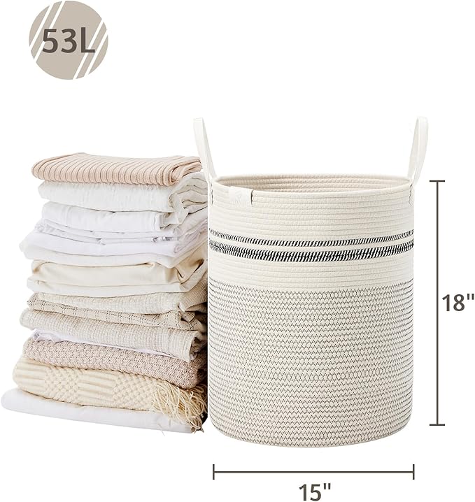 VIPOSCO Tall Laundry Basket, Large Dirty Clothes Hamper with Leather Handle, Woven Rope Storage Basket for Blanket, Toy In Living Room, Bathroom, Bedroom - 53L Stripe White