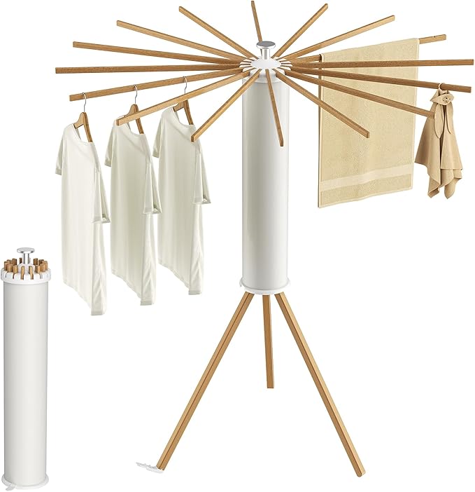 Tripod Clothes Drying Rack, Garment Rack Portable and Foldable Space Saving Laundry Drying Rack - Dryer Rack Clothing Floor Folding Balcony Bedroom Household (Beige(Wood), 16 rods)
