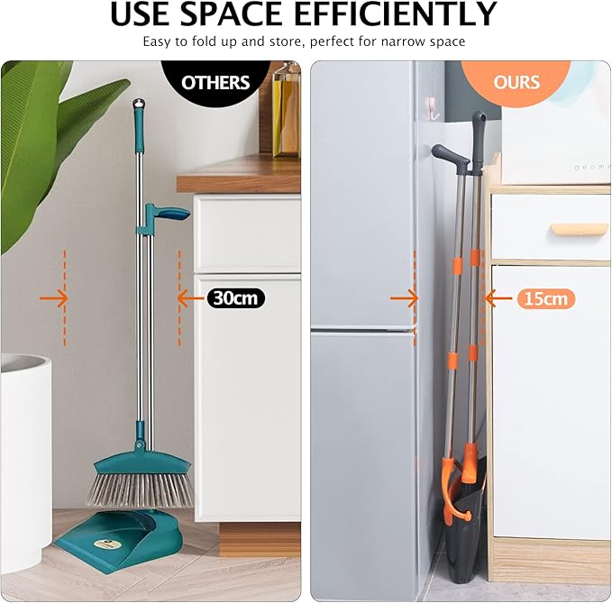 Broom and Dustpan Set with Long Handle, Light Weight Stainless Steel Poles Stand Upright Dustpans with Broom Combo for Home Kitchen Office Pet Dog Hair, Black & Orange Color, 1-Pack