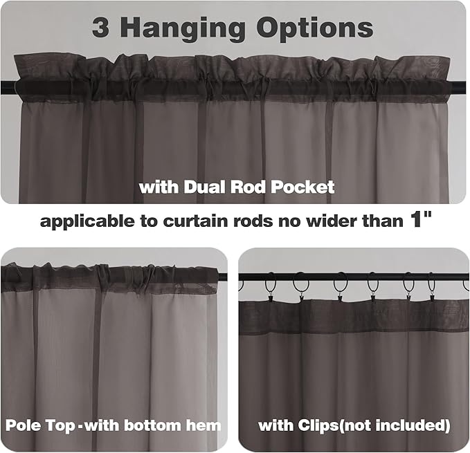 Chyhomenyc Chocolate Brown Sheer Curtains 45 Inch Long 2 Panels, Light Filtering Rod Pocket Voile Short Curtains Drapes for Living Room Bedroom Small Windows, 42Wx45L Inches