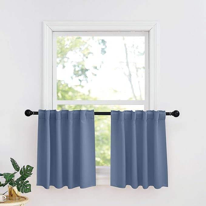 RYB HOME Kitchen Window Curtains - Blackout Privacy Half Window Curtains for Bedroom Bathroom Dining Living Room Cafe Office Short Tiers Drapes, W 34 x L 36 inches, 2 Panels, Stone Blue
