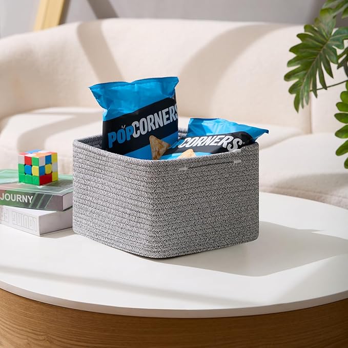 Small Organizing Baskets for Cubes Shelf, 9.7x9.7x7.1 Inch Rope Woven Storage Bins for Nursery Shelves Storage, Cute Toy Basket, Square 3 Packs Mixed Grey