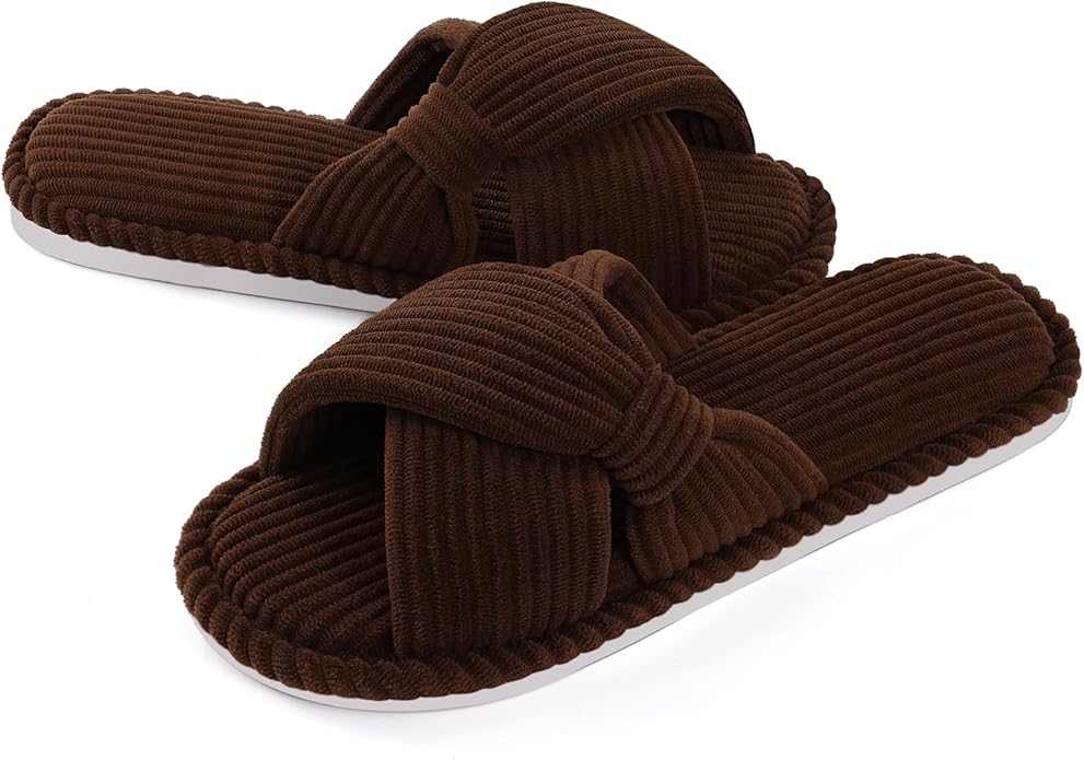 Evshine Summer House Slippers for Women Corduroy Cross Bow Indoor Slippers Open Toe Slip On Bedroom Shoes with Memory Foam