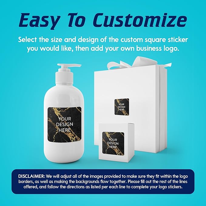 100 Custom Vinyl Stickers - Upload Your own Image, Text, Design, Logo - Personalized Logo Labels for Handmade, Packaging, Bottle, Jars, Candle, Brand Stickers (Black Gold Marble, 2x2 Square)