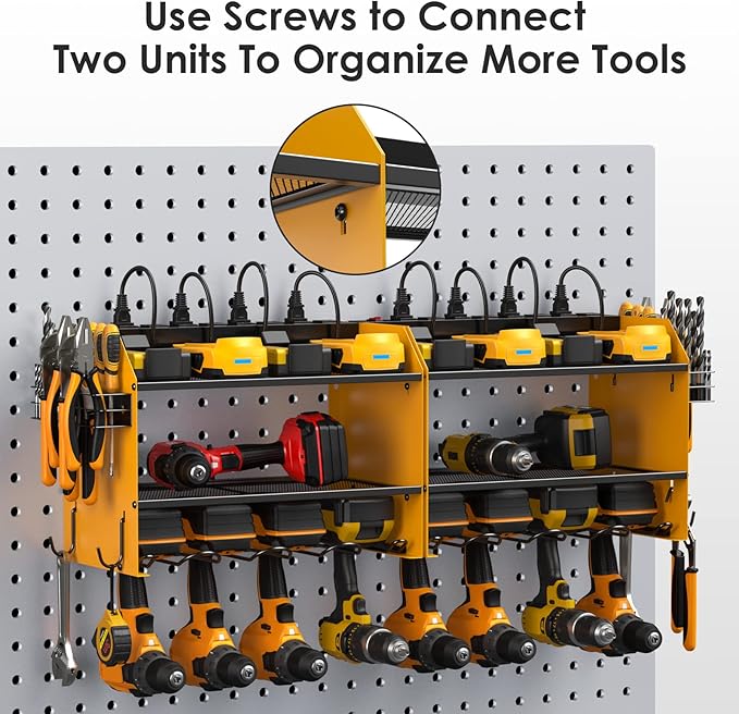 CCCEI Modular Power Tool Organizer Wall Mount with Charging Station. Garage 4 Drill Storage Shelf with Hooks, Screwdriver, Drill Bit Heavy Duty Rack, Tool Battery Holder Built in 8 Outlet Power Strip.