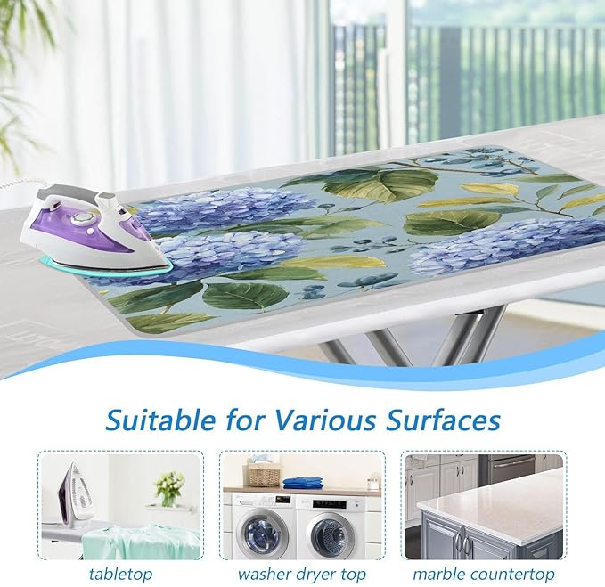 Watercolor Blue Hydrangea Ironing Mat Thickened Ironing Blanket Travel Portable Double-Side Using Ironing Pad Travel Isolate Heat Pad Cover for Washer Dryer Table Top Countertop 27.6x47.2in