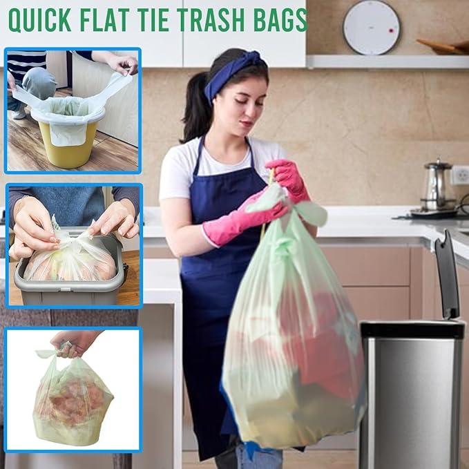 8-10 Gallon Flap Tie Compostable Trash Bags, 60 Count, Compost Bags Kitchen Trash Bags, Sturdy Biodegradable Garbage Bags Food Scrap Waste Bags, ASTM D6400, US BPI Certified
