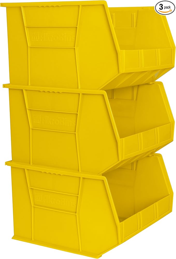 Akro-Mils 30270 AkroBins Plastic Storage Bins, Space-Saving Stackable Bins for Garage, Pantry, Craft Organization, 18-Inch x 16-Inch x 11-Inch, Yellow, 3-Pack