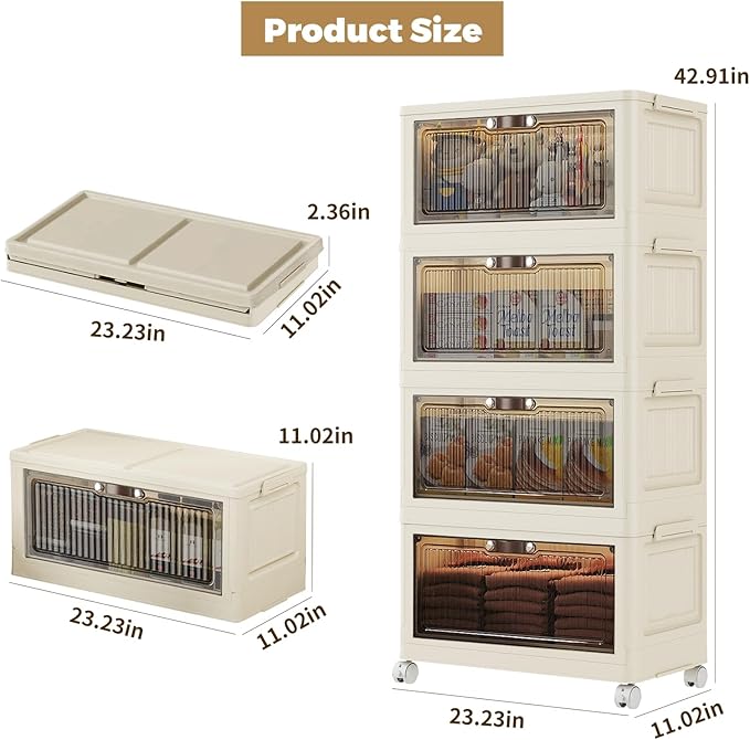 4 Tier - 48QT Storage Bins with Lids, Collapsible Storage Bins with Doors and Wheels, Plastic Storage Cabinet for Easy Storage and Organization for Living Room, Office