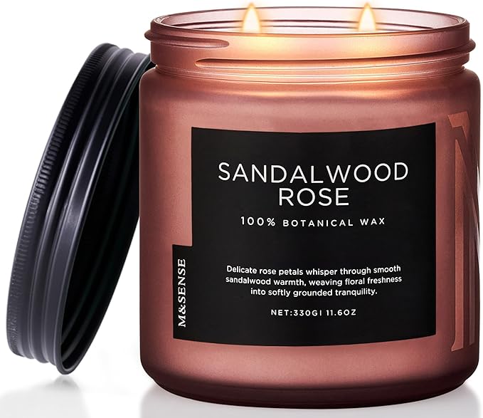 M&SENSE Sandalwood Rose Scented Candle - 11.6oz Natural Soy Wax Non Toxic 70-Hour Burn Long Lasting Candle, 2-Wick Strong Scent for Home - Slow-Burning Housewarming Gift for Men & Women