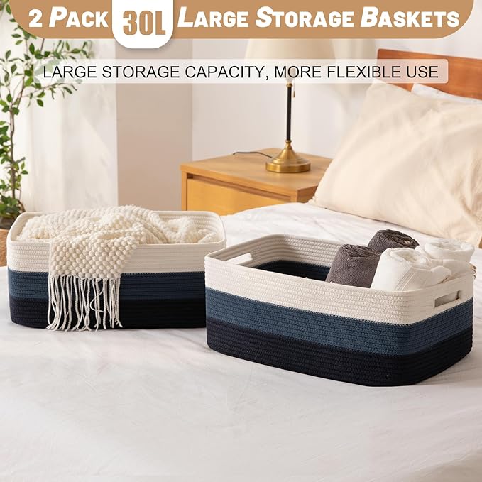 Large Storage Basket for Organizing, Woven Rope Basket for Shelves, Closet Organizer Bins for Clothes, Blanket, Toys, Baby Nursery Storage, 17.7" x 13" x 7.87", 2 Packs Gradient Blue