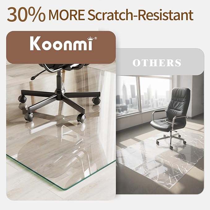 Koonmi Tempered Glass Chair Mat 40"x60" - Premium Office Chair Mat for Hardwood Floors & Low-Pile Carpet with 4 Non-Slip Pads - Thick Scratch-Resistant Surface