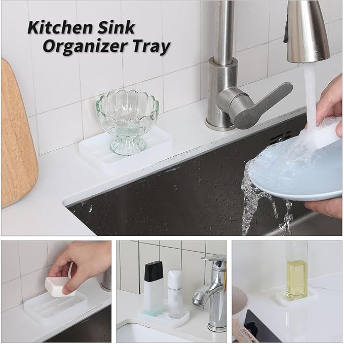 Silicone Kitchen Sink Organizer Tray for Multiple Usage,Easy Clean Sponges Holder for Kitchen Bathroom Counter or Sink,Dish Soap Dispenser,Scrubber,Bottle,Cup Ttanslucent 4.9”x 3.2”