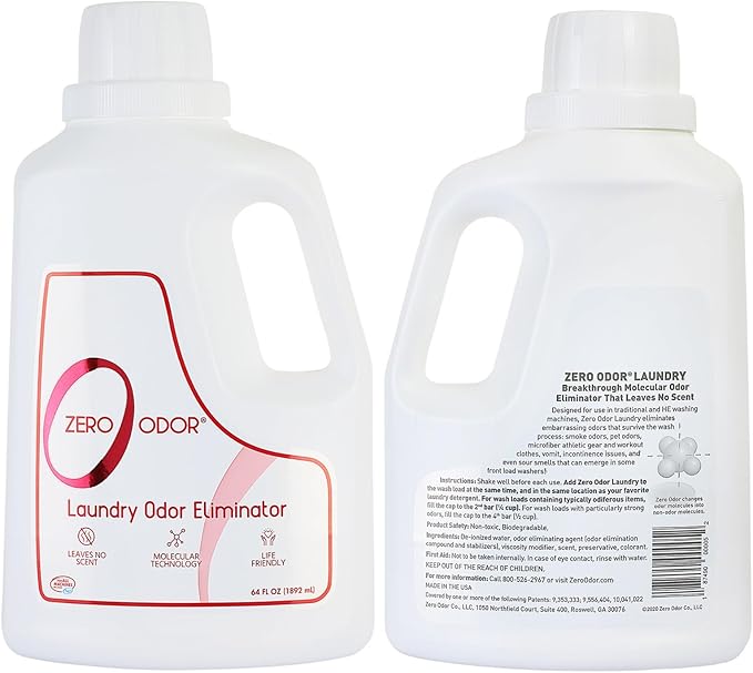 Zero Odor – Laundry Odor Eliminator - Permanently Eliminate laundry Odor – Patented Molecular Technology Best For Clothes, Towels & Linens, Shoes, Bags, Etc. - rinse and refresh Again, 64oz