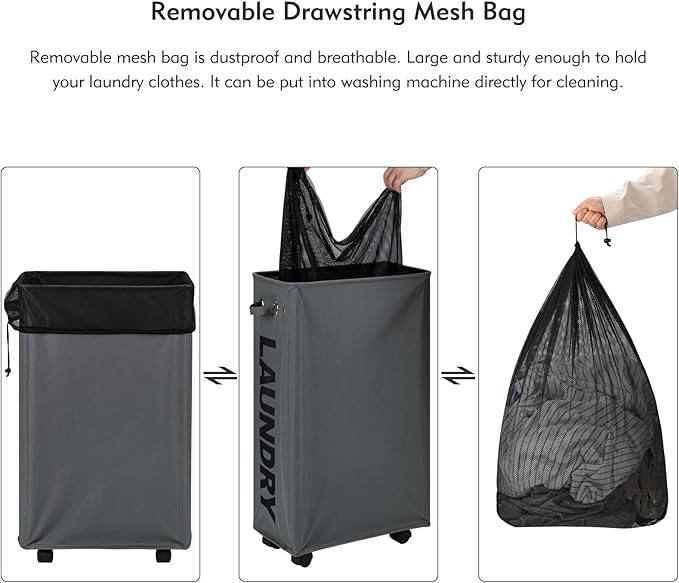 DOKEHOM 29-Inches Enlarged Slim Laundry Basket with Removable Wash Bag on Wheels, Collapsible Rolling Laundry Hamper, Foldable Narrow Corner Clothes Storage Bins (Dark Grey)