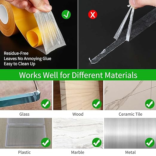 Double Sided Tape Heavy Duty, 0.79" x 33FT(10m), Universal High Tack Strong Wall Adhesive with Fiberglass Mesh, Super Sticky Resistente Clear Tape, Easy Use Mounting Tape School Supplies
