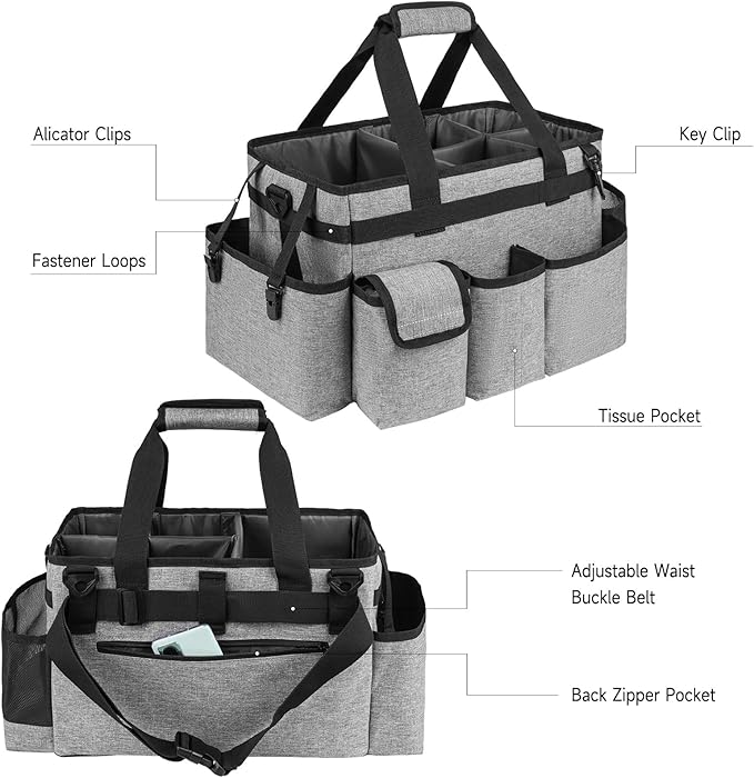 Cleaning Caddy Bag,Large Cleaning Supplies Organizer with Handle for Housekeepers,Gray