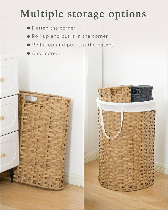 Large Laundry Hamper Laundry Basket Round 34.3 Gal (130 L) Handwoven Wicker Laundry Baskets Rattan Laundry Basket with Laundry Bag Handles 2 Mesh Bags for Living Room Bedroom Natural