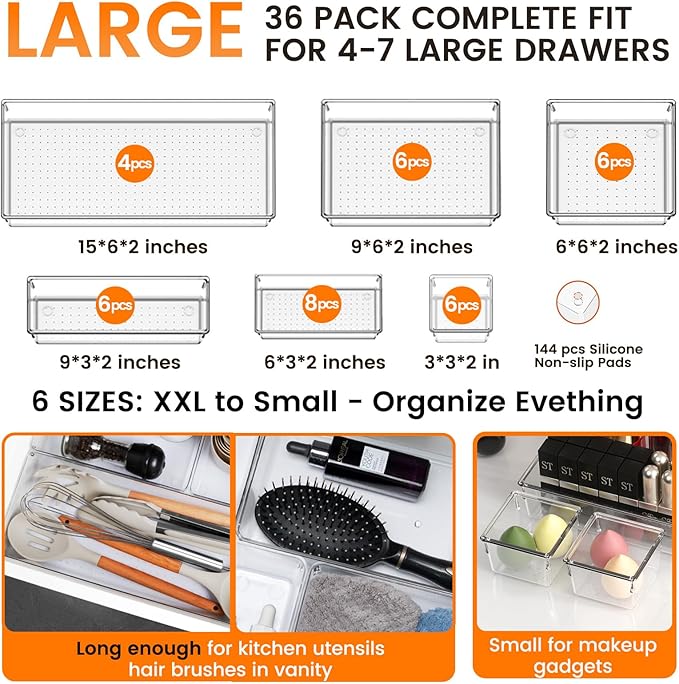 Criusia 36 Pack Large Clear Plastic Drawer Organizer Bins - 6 Size Acrylic Kitchen Drawer Organization and Storage for Utensils Gadgets, Office Bathroom and Vanity Organizer for Makeup Accessoires