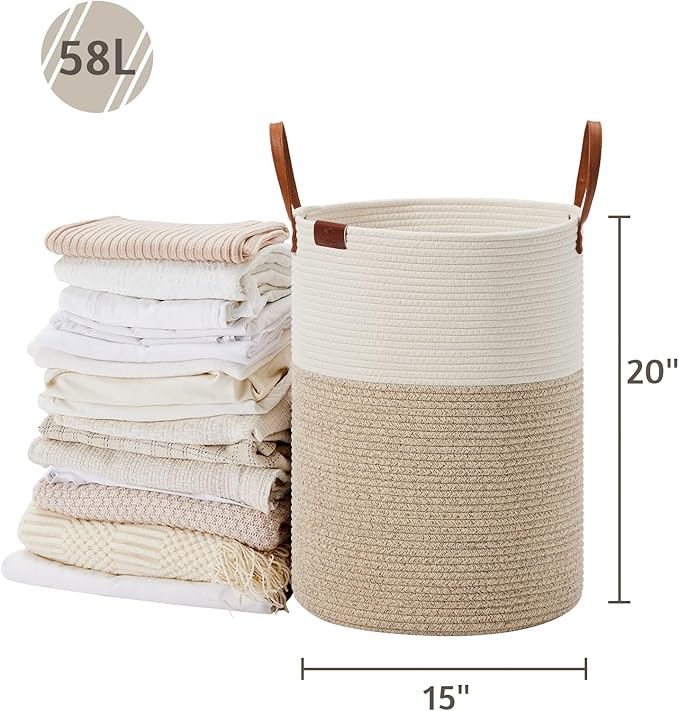 VIPOSCO Tall Laundry Basket, Large Dirty Clothes Hamper with Leather Handle, Woven Rope Storage Basket for Blanket, Toy In Living Room, Bathroom, Bedroom - 58L White & Brown