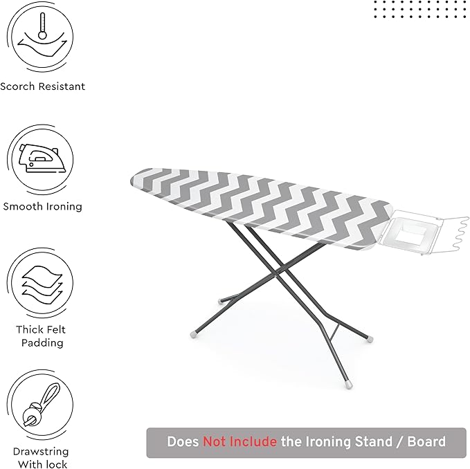 Encasa XO Ironing Board Cover and Pad 54"x15" - Thick 3mm Felt Padding, Drawstring Tightening & Lock, Easy Fit, Scorch & Stain Resistant, Fits Standard Large Ironing Board - Zig Zag