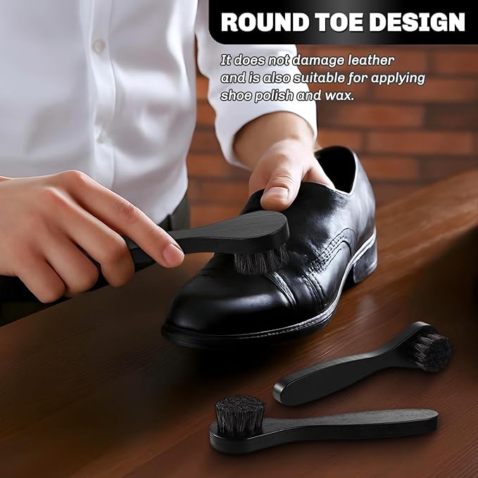 4 Pcs Horsehair Shine Shoes Brush Kit Polish Dauber Applicators Cleaning Leather Shoes Boots Care Brushes Suede Cleaner Brush with Microfiber Shoe Cloth(Black Handle A)