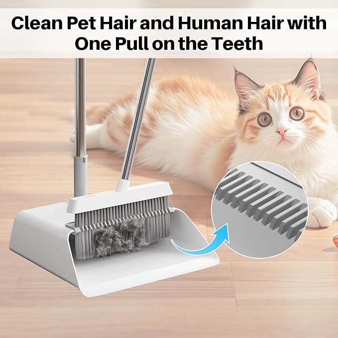 JOYMOOP White Broom and Dustpan Set, Upright Angle Design with Built-in Comb Teeth for Kitchen, Office, Pet Hair, Hard Floors