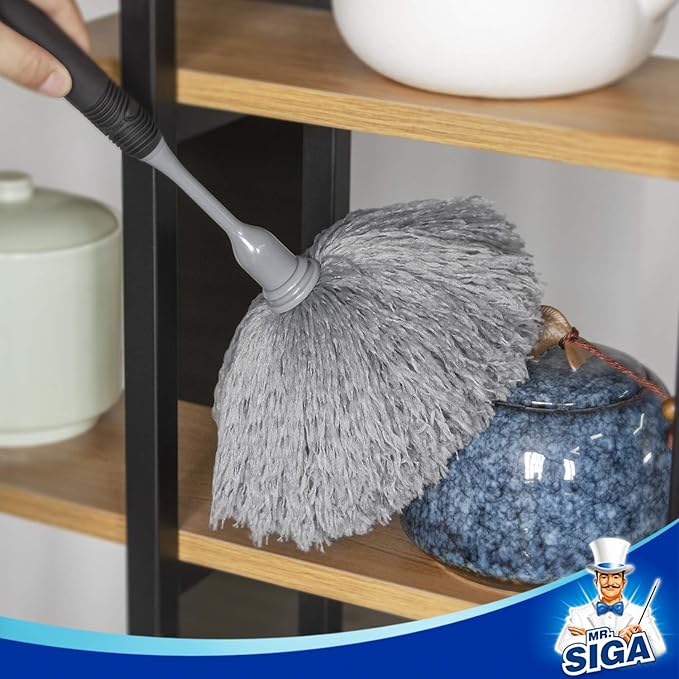 MR.SIGA Microfiber Delicate Duster, Comfortable Non Slip Handle, Detachable Washable Duster Head, Gray & Black