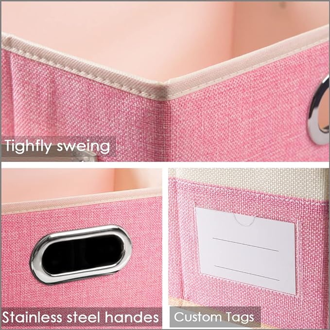 PRANDOM Fodable Storage Bins for Closet [3-pack] Decorative Fabric Storage Baskets Cubes with Leather/Metal Handles for Shelves Bedroom Living Room Pink&Cream (11.5x8.5x6.7 Inch)