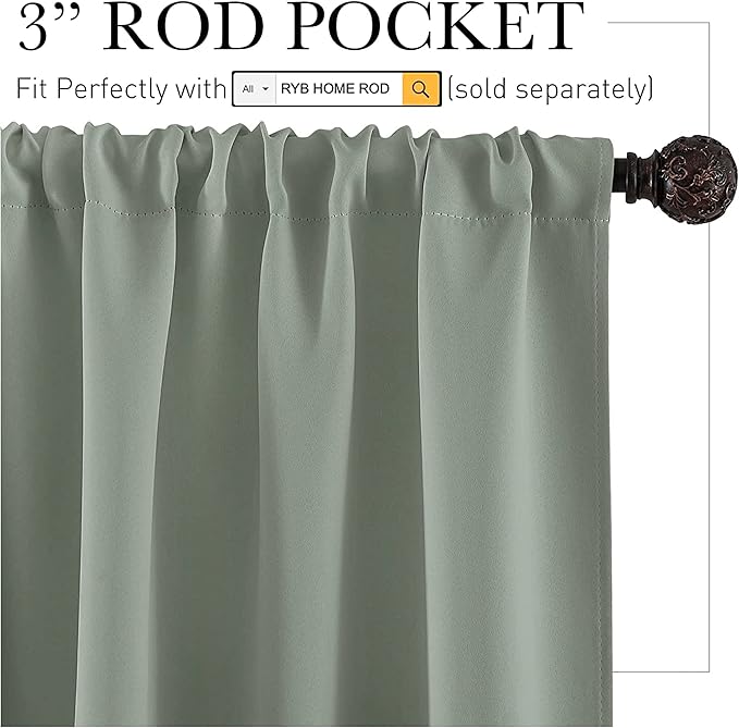 RYB HOME Small Window Curtains Blackout - Privacy Energy Saving Insulating Curtains Blinds for Bedroom Bathroom Basement Kids Nursery Kitchen, W 34 x L 48 inches, Sea Green, 2 Panels