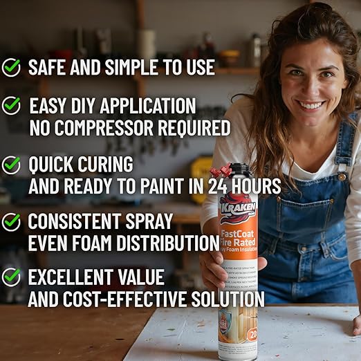 Kraken Bond Fastcoat Fire Rated Spray Foam Insulation Kit Closed Cell in a Can 40 sq ft (2x27.1 oz.) (R-Value 11.32 / 2in) - Spray Foam for Garage Door, Attic, Wall Gun & Cleaner Not Included, 2 Pack