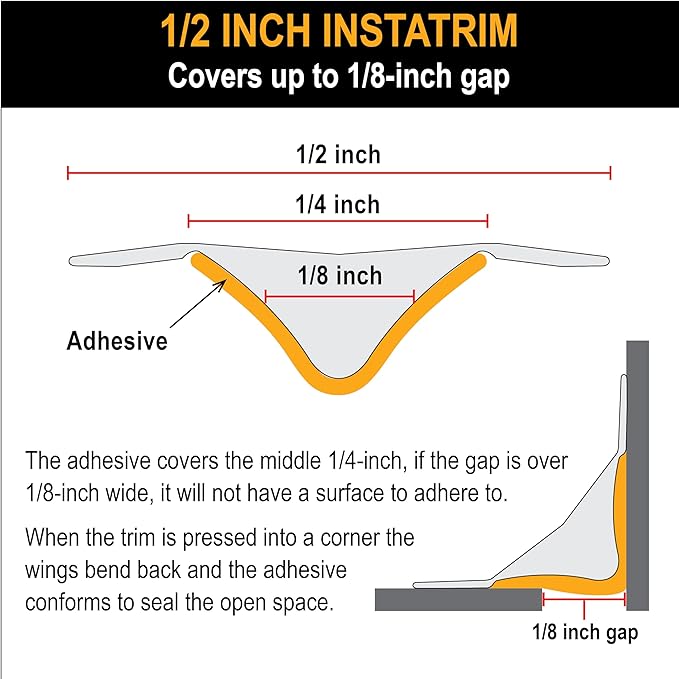 InstaTrim New & Improved Self-Adhesive Caulk Trim, 1/2" x 10', 2-Pack, Flexible, Waterproof, Stain Resistant for Bathroom, Floors, Walls, DIY Project, White