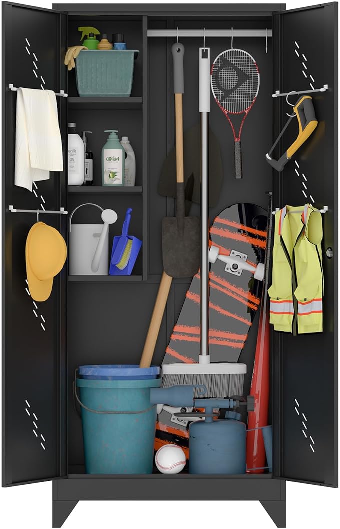 Metal Storage Cabinet with Lock Door, 75" Tall Garage Storage Cabinet with Hanging Rod, Broom Closet Bathroom Storage Cabinet, Cleaning Tool Cabinet