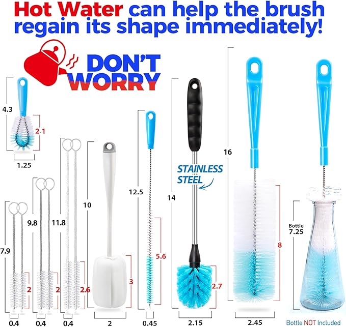 Holikme Bottle Brush Tube Cleaning Lab Set with Long Handle, Cup Cleaner for Washing Narrow Neck Beer Wine Decanter Pipes Lids Sinks Cap Covers, White