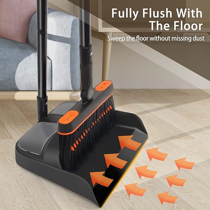 JEHONN Broom and Dustpan Set for Home, Long Handle Lightweight 180 Degree Rotating Broom Set Indoor, Upright Standing Dust Pan with Comb Teeth, Store Sweep Set for Room Kitchen Office Lobby