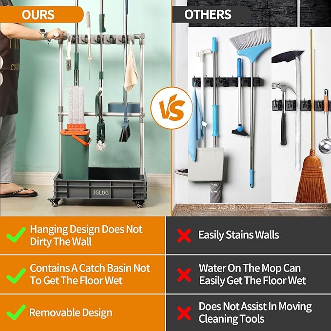 Broom mop Holder Cleaning Supplies Organizer Janitor carts on Wheels Housekeeping Station Storage Tools for Garage, Garden, Closet, Cabinet