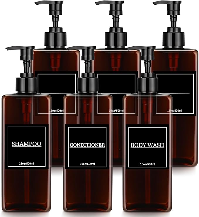 Tanlade 6 Pcs Shampoo and Conditioner Dispenser Bottles 16oz Modern Shower Soap Bottles with Pump, Labels and Marker Pen Easy to Refill Body Wash Dispensers for Home Bathroom Decoration(Brown)