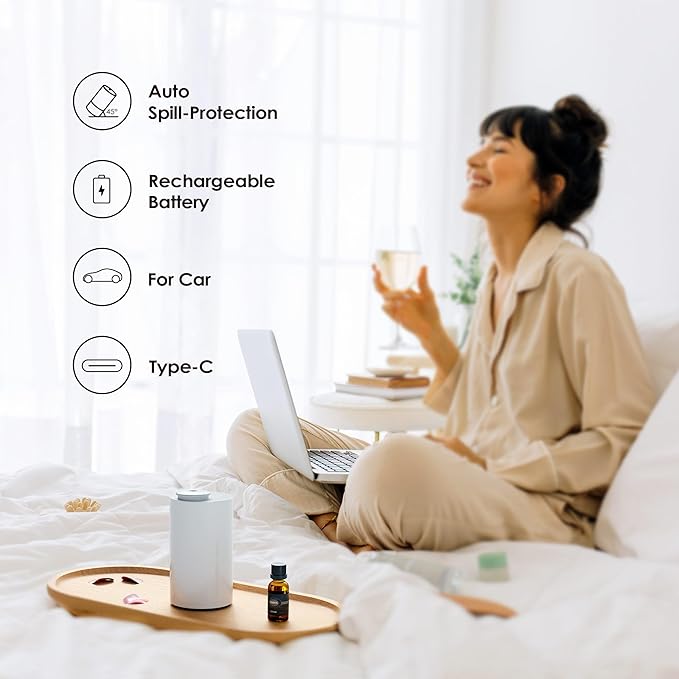 Airversa Waterless Diffuser for Essential Oil, Battery Operated Nebulizer, 0.7 Fl.Oz./ 20mL Capacity, Mini Scent Air Machine, 3 Countdown Timers & Mist Levels for Home, Room, Car, Office - AN6 Yogurt