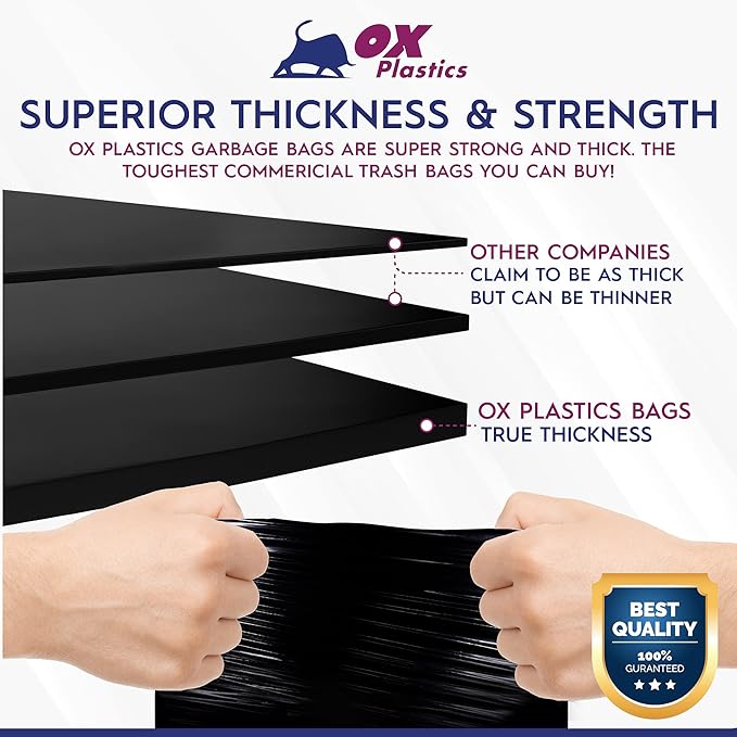 Ox Plastics 60 Gallon Trash Can Liners Bags - 50 Count Capacity & 2mil Thick Extra Heavy Duty Strength -Large Garbage, Leak-Proof & Durable Bag Black