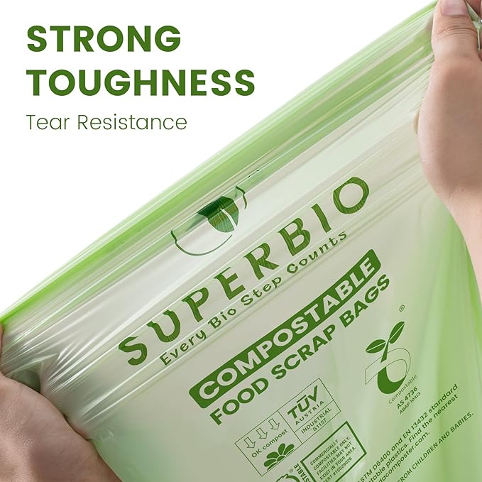 SUPERBIO 2.6 Gallon Compostable Bags, 100 Count, 2 Pack, 9.84L, Handle Tie Food Waste Bags, BPI and OK compost INDUSTRIAL Certified