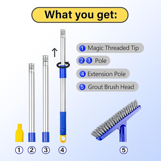 ITTAR Grout Brush with Long Adjustable Handle, Swivel Scrub Brush, V-Shape Grout Line Scrubber with Stiff Bristle for Deep Cleaning Tile Grout, Shower, Kitchen, Hard-to-Reach Corners